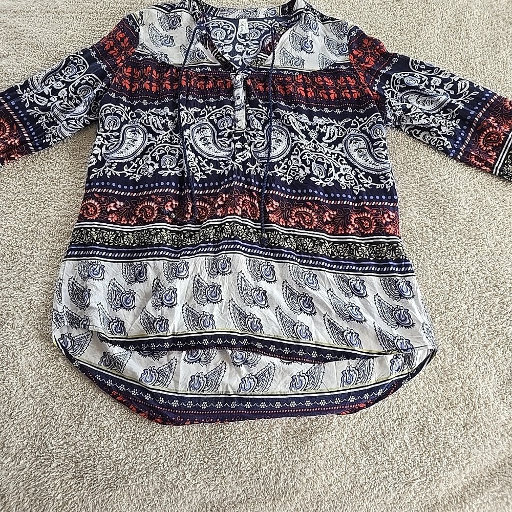 Roper Women's Long Sleeve V-neck 1/2 Button-Up Tassel Paisley Boho Peasant Top L - Picture 14 of 16